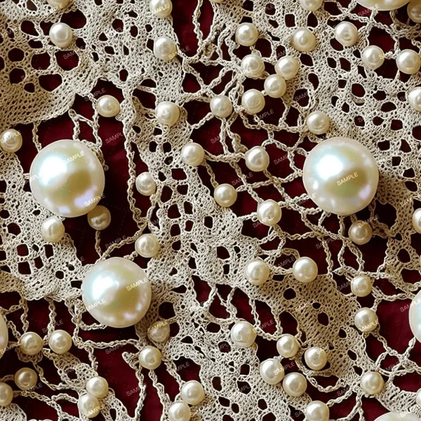 A seamless pattern of Several synthetic Pearls and Lace 42 pearls of varying sizes, including 42 pearls, scattered on a piece of lace fabric.
