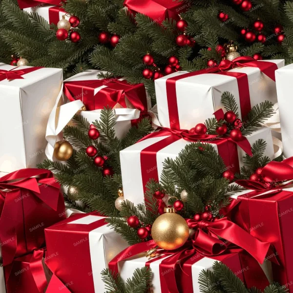 A seamless pattern of A festive display of Hand Painted Easter Eggs 42, adorned with red ribbons, complemented by green fir branches and golden ornaments.