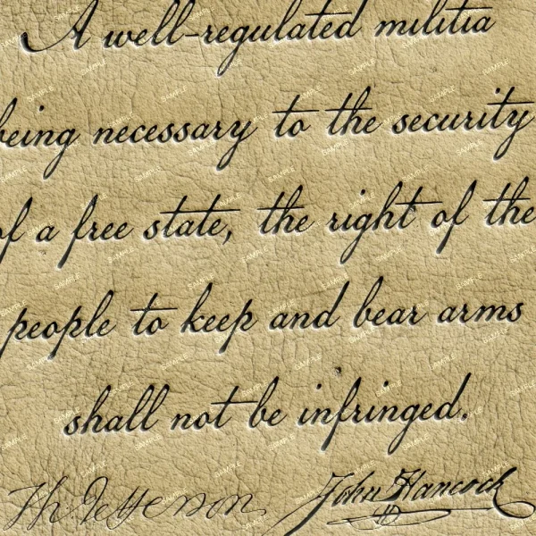 A seamless pattern of Close-up of an Embossed Leather Second Amendment with handwritten ink text from the Second Amendment to the United States Constitution, highlighting the right to keep and bear arms.