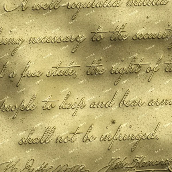 A close-up view of a document with cursive writing etched into a textured gold surface. The text includes the phrase "a well-regulated militia being necessary to the security of a free state, the right of the people to keep and bear arms, shall not be infringed.