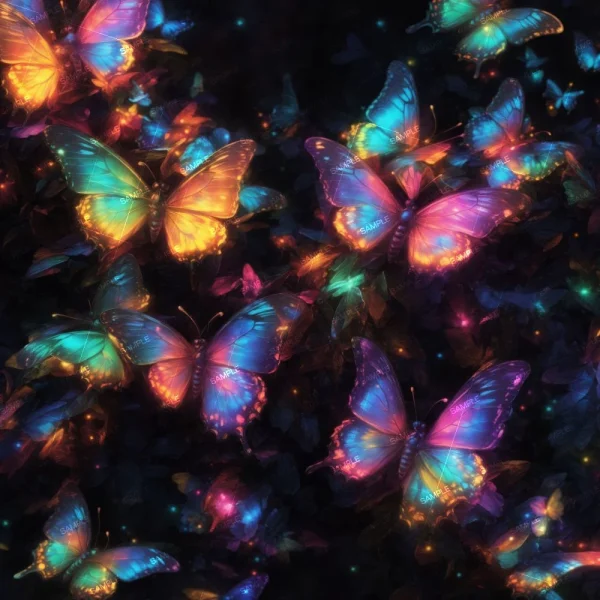 A seamless pattern of A collection of vibrant, multicolored butterflies and Tropical Plants with Butterflies glowing against a dark background.