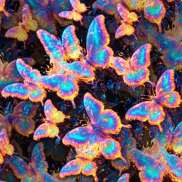 A seamless pattern of A cluster of vibrant, iridescent butterflies, fluttering among Tropical Plants with Butterflies with predominantly blue and pink hues on their wings.