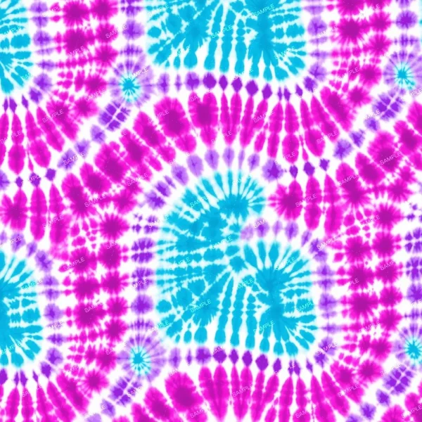 A seamless pattern of A colorful tie-dye pattern with repeating circular designs and lace accents in shades of blue, pink, and purple on Pearls and Lace 43.
