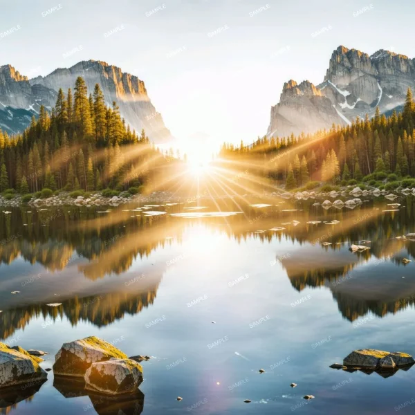 A seamless pattern of Sunrise over a serene mountain lake with reflections of the forest and peaks on the water surface, and sun rays peeking through the mountains ensures a scene of Good Harvest.
