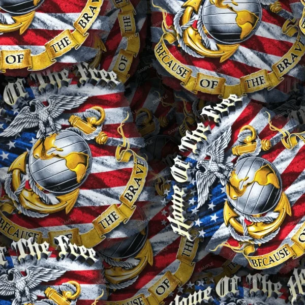 A seamless pattern of A pattern featuring multiple U.S. military badges overlaid on a background with elements of the American flag and the phrase "Because of the Brave".