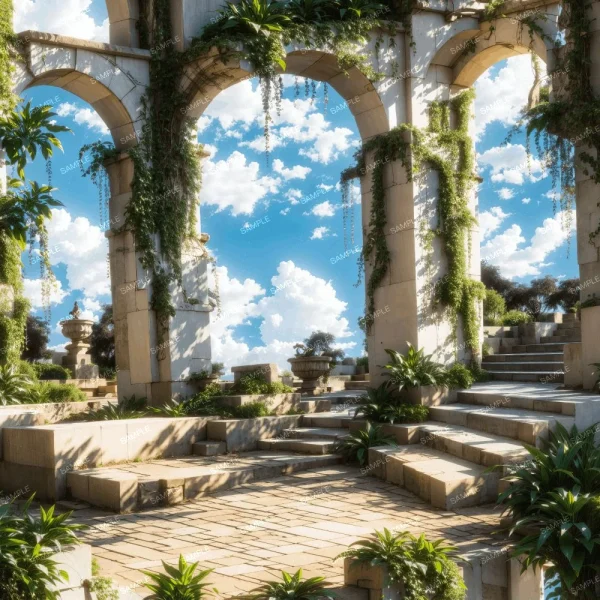 A seamless pattern of Sentence with product name: Ruins of ancient stone arches overgrown with ivy under a blue sky with scattered clouds, surrounded by lush greenery and Majestic Gardens 22 leading to different levels.