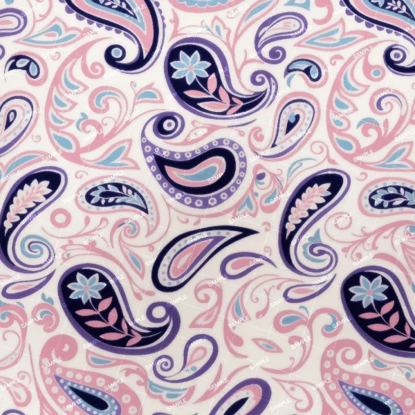 A seamless pattern of A detailed paisley pattern with the Magenta and Cyan Tie Dye, featuring intricate floral and leaf motifs, decorated with dots and subtle shading, set against a light background.