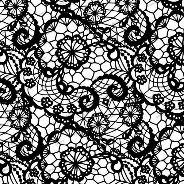 A black and white intricate lace pattern featuring flowers, swirls, and geometric shapes interconnected throughout. The design is detailed and repetitive, covering the entire image.
