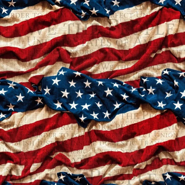 A seamless pattern of An intricate, textured depiction of the Because of the Brave flag with a crumpled effect, showcasing deep red and white stripes and a section of blue with white stars.