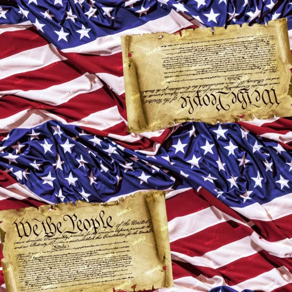 A seamless pattern of Two historical United States documents, likely the Declaration of Independence and the Constitution, are laid on an American flag, which is draped in rich folds Because of the Brave.