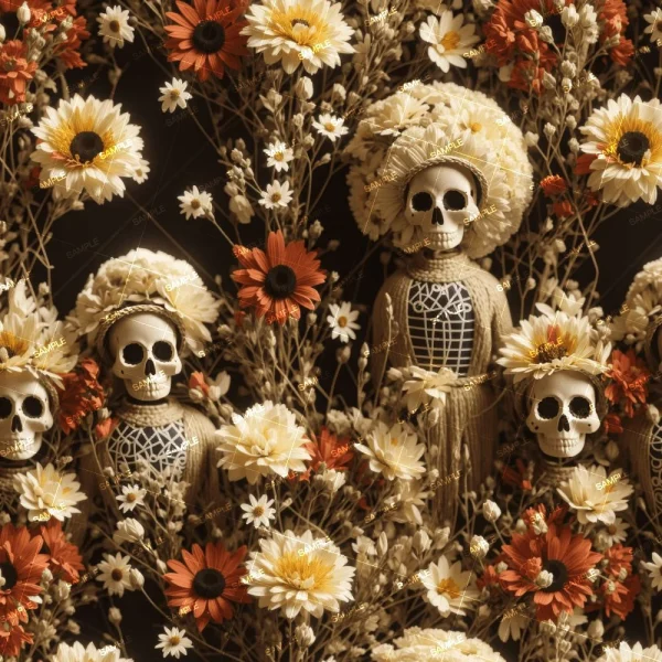 A seamless pattern of Decorative display featuring three skeleton figures adorned in traditional Day of the Dead attire, surrounded by a variety of colorful flowers including daisies and marigolds, under a stunning Japanese Island Sunset.