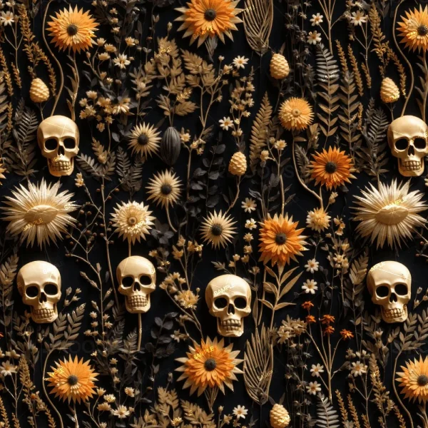 A seamless pattern of A Muerto de Dios and Dried Flowers 43 artwork featuring golden human skulls interspersed with a variety of dried flowers and foliage on a dark background.