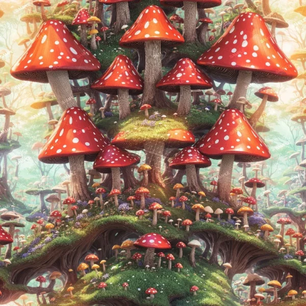 A seamless pattern of A fantastical forest scene with large, vibrant red mushrooms with white spots growing on tree trunks in the Majestic Gardens 22, surrounded by lush greenery and numerous smaller colorful mushrooms.