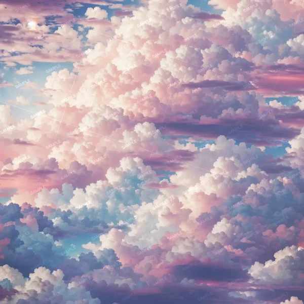 A seamless pattern of A vibrant digital artwork depicting an expansive sky filled with fluffy, textured Pastel Clouds 43 in shades of pink, purple, and blue, highlighted by a soft, glowing sun.