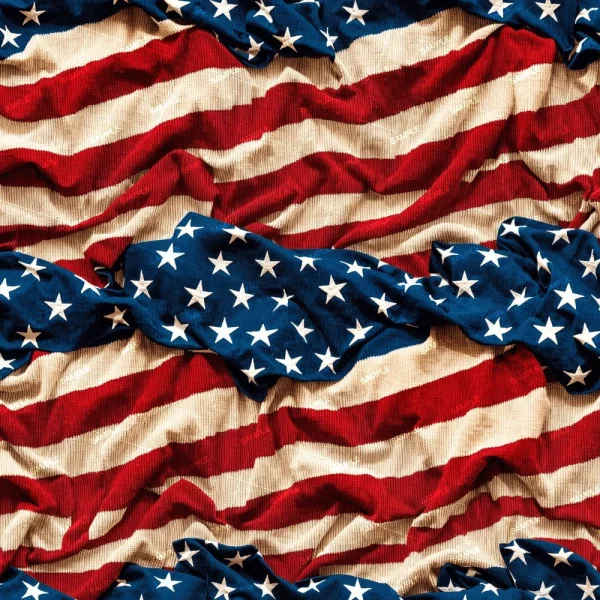 A seamless pattern of A close-up image of a Rumpled Patriotic US Flag 43 featuring its iconic red and white stripes and star-covered blue field. The textured fabric creates a sense of depth and movement.