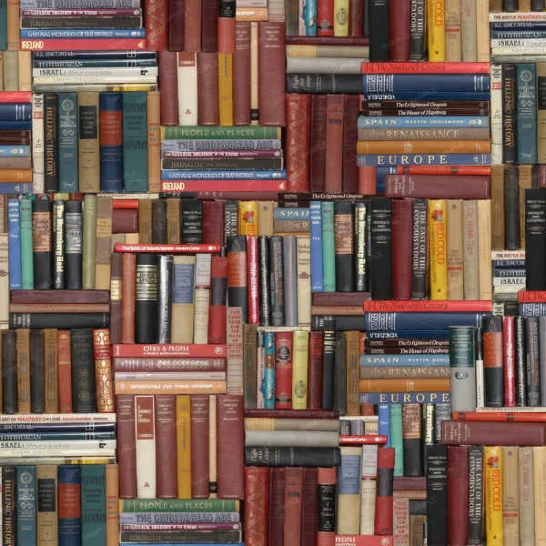 A seamless pattern of A densely packed bookshelf filled with Stacks of Books 22 of various sizes and colors, covering topics related to history and geography, such as Europe and Israel. The books are arranged both vertically and horizontally.