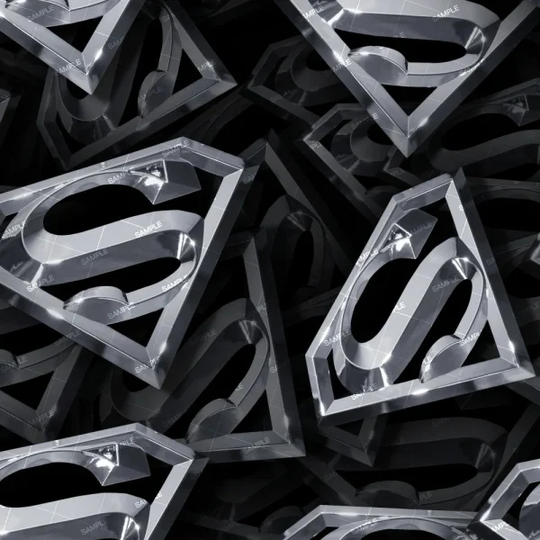 A seamless pattern of Sentence with product name: A pattern of overlapping, three-dimensional superman logos in grayscale. The logos vary in orientation and depth, creating a visually complex and layered image with Chrome Header Pipes 43 integrated into the design.