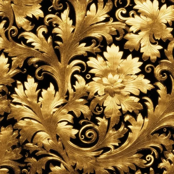 A seamless pattern of Intricate patterns of Gold Nuggets embossed on a black background, featuring elegant swirls and detailed leaf designs.