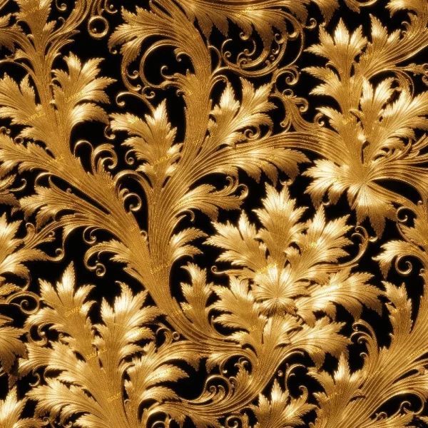 A seamless pattern of A detailed pattern of ornate Gold Acanthus Scrollwork set against a dark background, creating a luxurious and elegant design.