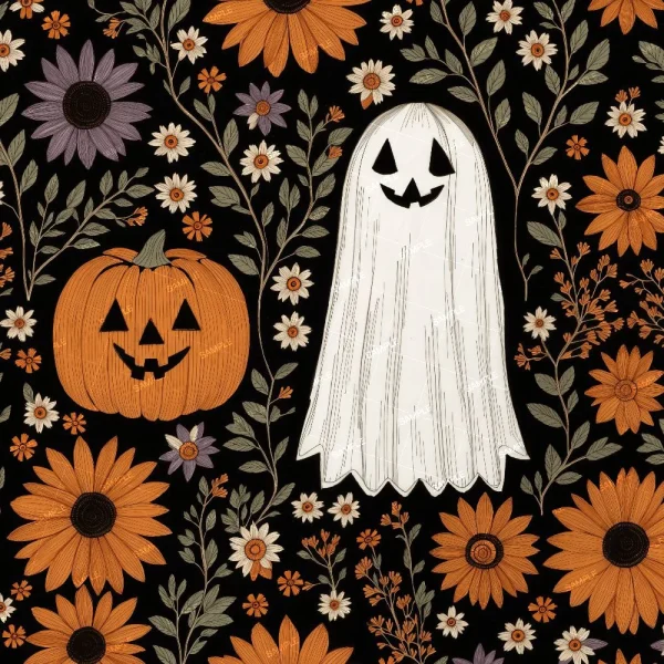 A seamless pattern of A Christmas-themed illustration featuring an array of orange, purple, and yellow flowers on a dark background, with a white ghost and an orange pumpkin with a carved face from Christmas Presents.