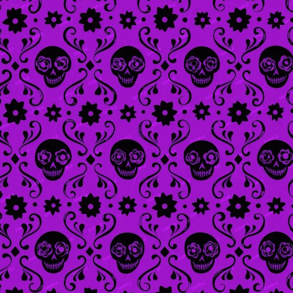 A seamless pattern of A Haunted House Wallpaper featuring rows of grinning skulls, swirling designs, and floral motifs, all set against a vibrant purple background.