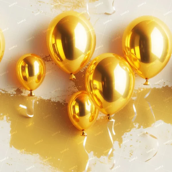 A seamless pattern of Golden balloons with a shiny, reflective surface floating against a soft white backdrop with Gold Acanthus Scrollwork 45 accents.