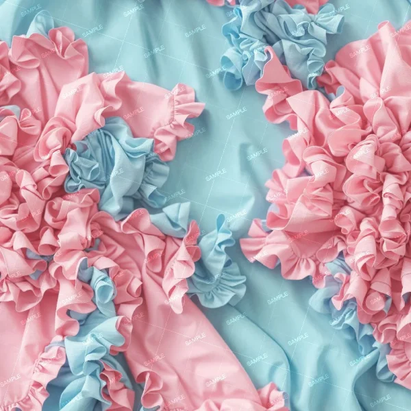 A seamless pattern of Close-up of a textured fabric with ruffled patterns in shades of pink and blue, artistically arranged to create a soft, Wrinkles Sheets appearance.