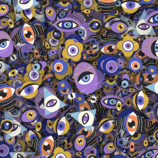 A colorful, densely packed pattern of various stylized eyes with diverse shapes and decorations in shades of purple, blue, and yellow.