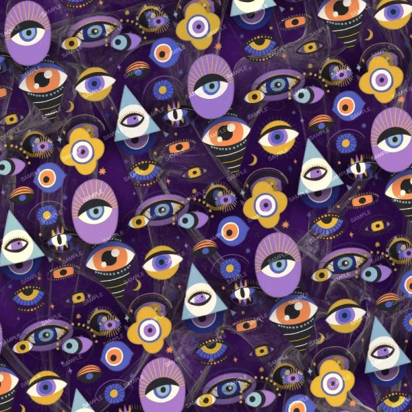A colorful pattern featuring a variety of stylized eyes with different shapes and expressions on a dark purple background with small white stars. each eye is unique in design and color combinations.