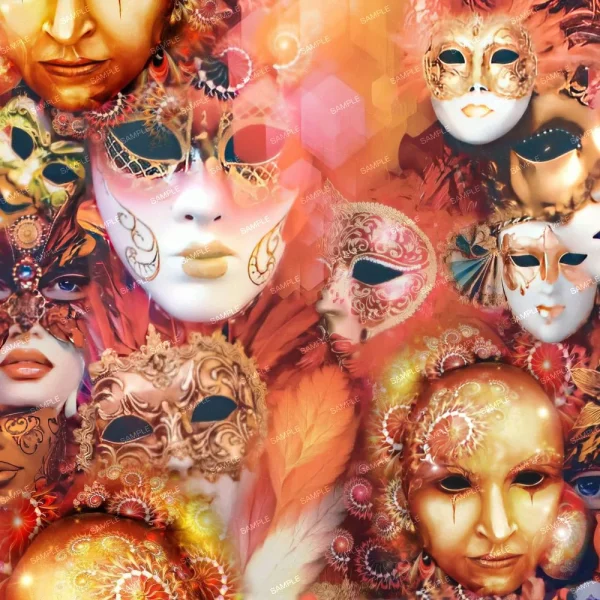 A colorful collage of various ornate carnival masks featuring intricate designs, feathers, and glitter, evoking a festive and mysterious ambiance.