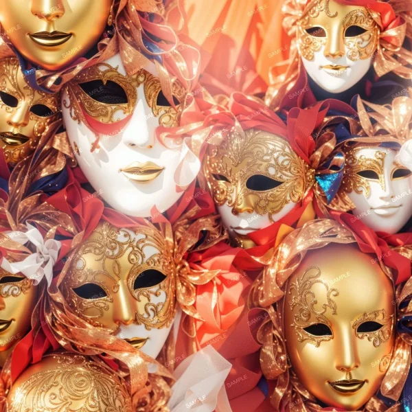 A close-up of several intricately decorated venetian masks, featuring golden hues and embellishments, interspersed with red ribbons. the masks have a glossy finish and range from full-face to eye masks.