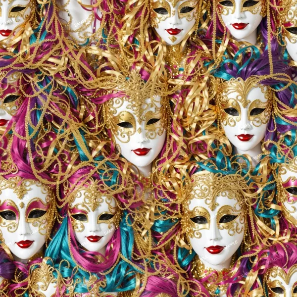 A collection of ornate venetian masks featuring intricate designs and vibrant colors, adorned with gold detailing and elaborate decorations.