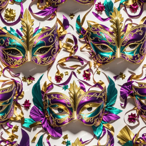 An array of detailed venetian masks with vibrant, jewel-tone colors and gold trimmings, adorned with feathers and ribbons, arranged in a repetitive pattern on a light background.