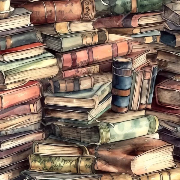 A detailed illustration of a chaotic pile of aged books with worn spines and faded covers in various sizes and thicknesses, depicted in a palette of mostly earth tones.