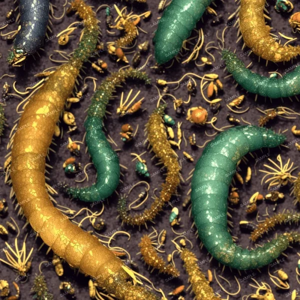 A close-up image showing several colorful, segmented caterpillars with various textures and patterns in shades of green and yellow. The background consists of smaller insects and plant matter scattered around.