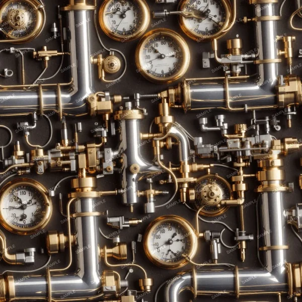 A complex network of shiny, metallic pipes interconnected with various pressure gauges, dials, and valves, all set against a dark background. the components have a polished brass and steel finish.
