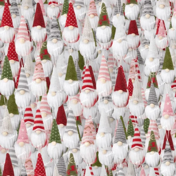 A repeated pattern featuring an array of small scandinavian gnome ornaments with plush beards and pointed hats in various colors of red, white, and green.