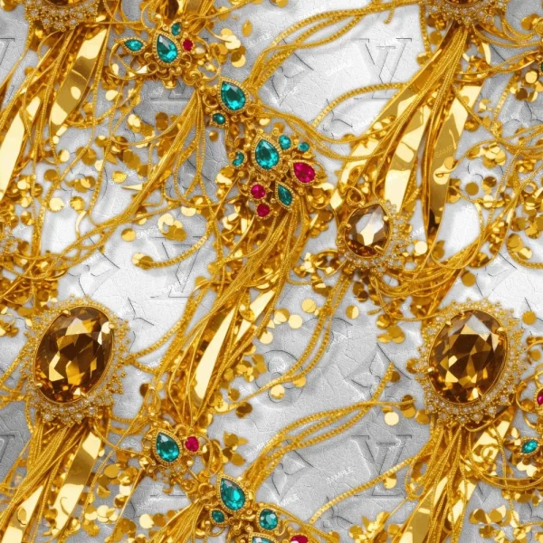 A detailed close-up of an ornate pattern featuring golden jewelry adorned with large amber stones, turquoise, and red gemstones. The intricate design includes multiple strands of gold and decorative elements against a silver background.