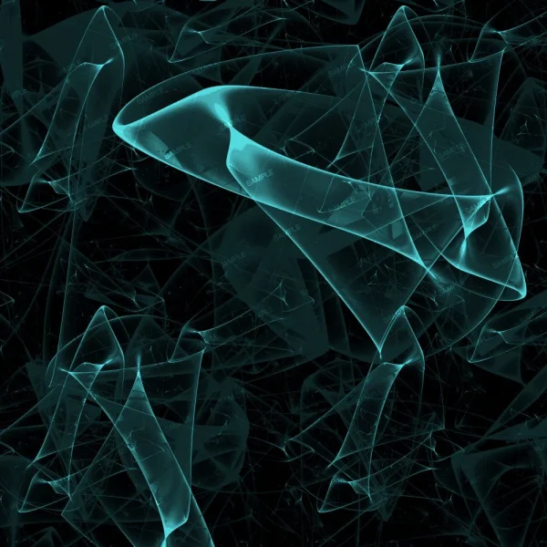 An abstract digital artwork featuring luminous turquoise lines forming interconnected geometric shapes on a dark background, creating a sense of depth and complexity.