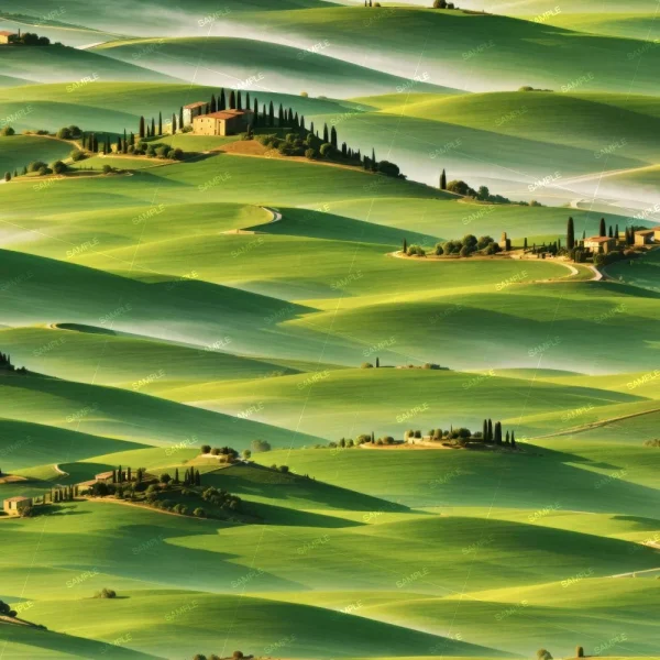 Rolling green hills illuminated by soft sunlight with scattered farmhouses and cypress trees in a rural landscape. shadows accentuate the undulating terrain, creating a serene and picturesque setting.