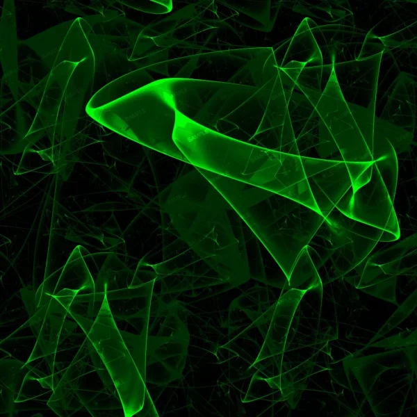Abstract digital art featuring luminescent green lines forming erratic, overlapping geometric shapes on a dark background. the forms resemble tangled neon threads creating a vibrant energy.