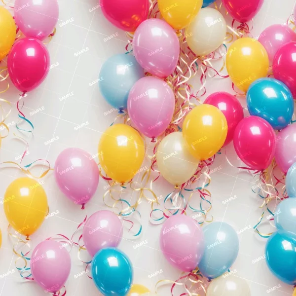 A collection of colorful balloons in pink, blue, yellow, and red, with attached ribbons, clustered together on a light background.