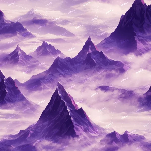 A surreal, digitally rendered landscape depicting jagged mountain peaks surrounded by mist, all cast in various shades of purple.