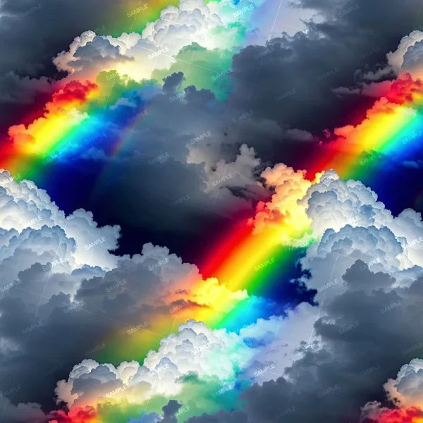 Double rainbows arching over a dramatic sky filled with dark and white clouds, with sunbeams filtering through gaps, creating a vibrant spectrum of colors.