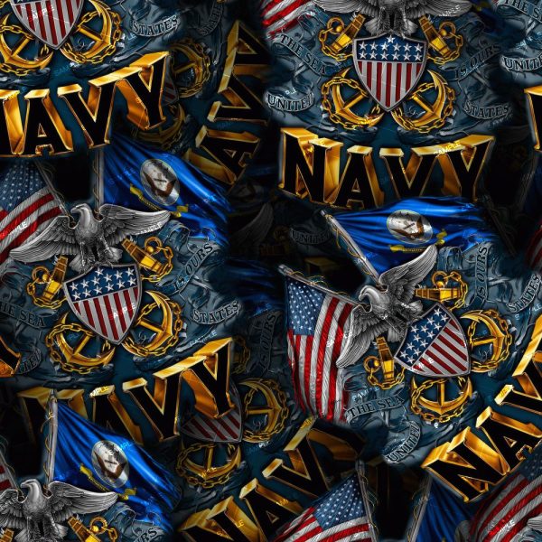 A collection of intricate u.s. navy emblems with metallic textures, featuring eagles, american flags, anchors, and the text "navy" prominently displayed in gold and blue colors.