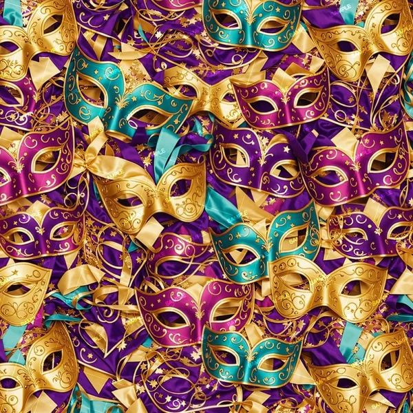 A dense array of ornate carnival masks in purple, gold, and blue colors, adorned with intricate patterns and embellishments.