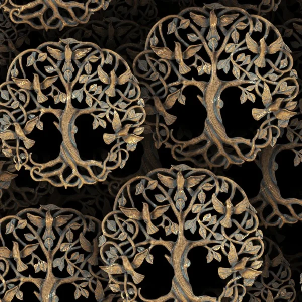 A repeating pattern of ornate, intertwined bronze trees with leaf and bird motifs, set against a dark background. each tree features circular branches that create a complex, symmetrical design.