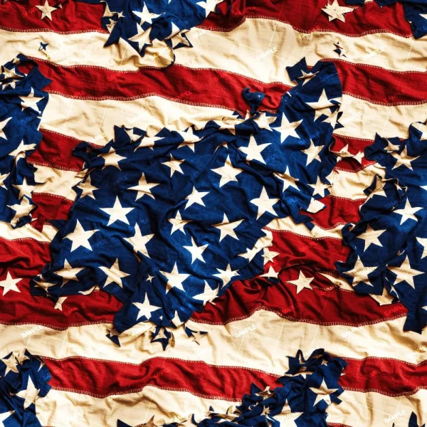 An arrangement of wrinkled american flags interspersed with loose, scattered stars, creating a textured, patriotic display.
