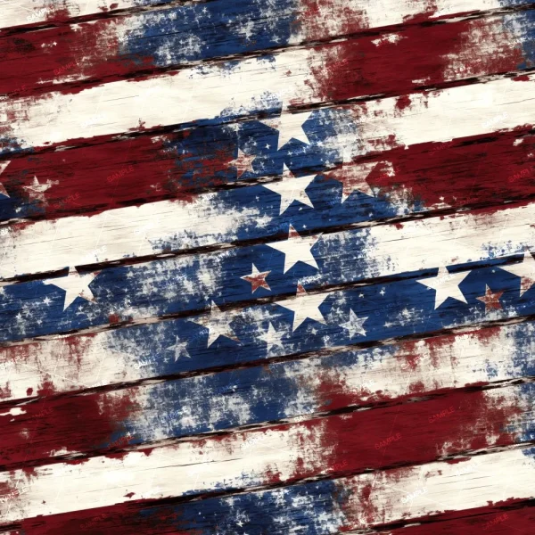 A textured image depicting an artistic rendition of the american flag with weathered red and white stripes and white stars on a blue background. the flag appears painted on rough, vertical wooden planks.