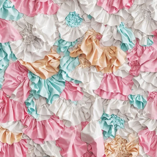 A detailed close-up of a textured fabric surface featuring an array of ruffled layers in soft pink, aqua, beige, and white, with intricate lace embellishments.